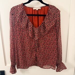 LOFT Red and Black Floral Blouse